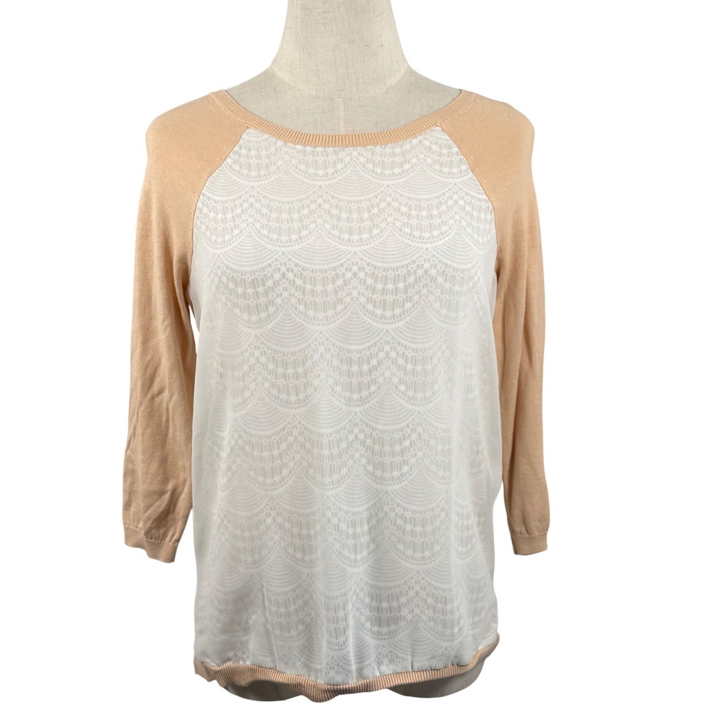 The Limited Women S Top Peach White Lace Front Raglan Mixed Media Romantic Retro